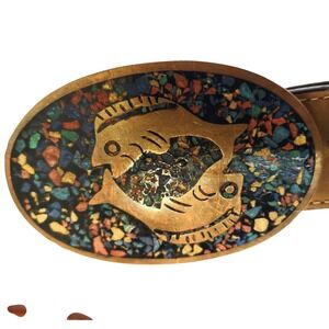 Vintage Alpaca Mexico Belt Pisces Zodiac Mosaic Inlay Leather Western Style‎